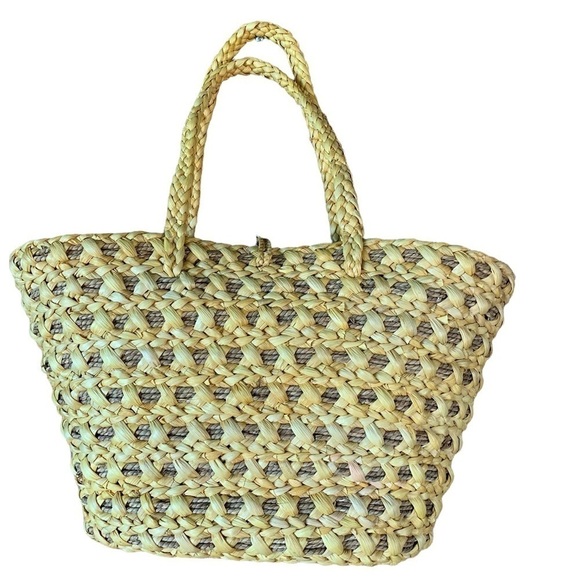 Lancome Bag Yellow Woven Straw Purse Double Handle Tote Beach - Picture 2 of 6